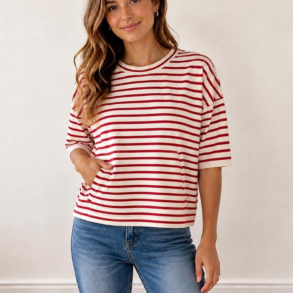 Lucca Couture Red White Striped Top Back Tie Pocket Short Sleeve Nautical Small